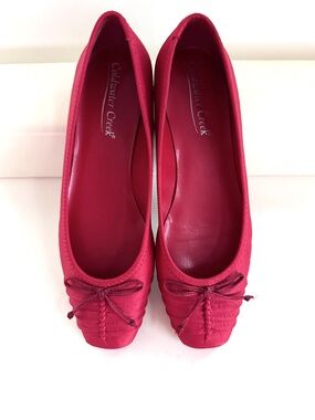 NEW! RED BOW RUCHED SQUARE-TOE BRUSHED SATIN COQUETTE BALLET FLATS Sz6.5